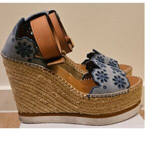See By Chloe Denim and Tan Espadrille Sandals